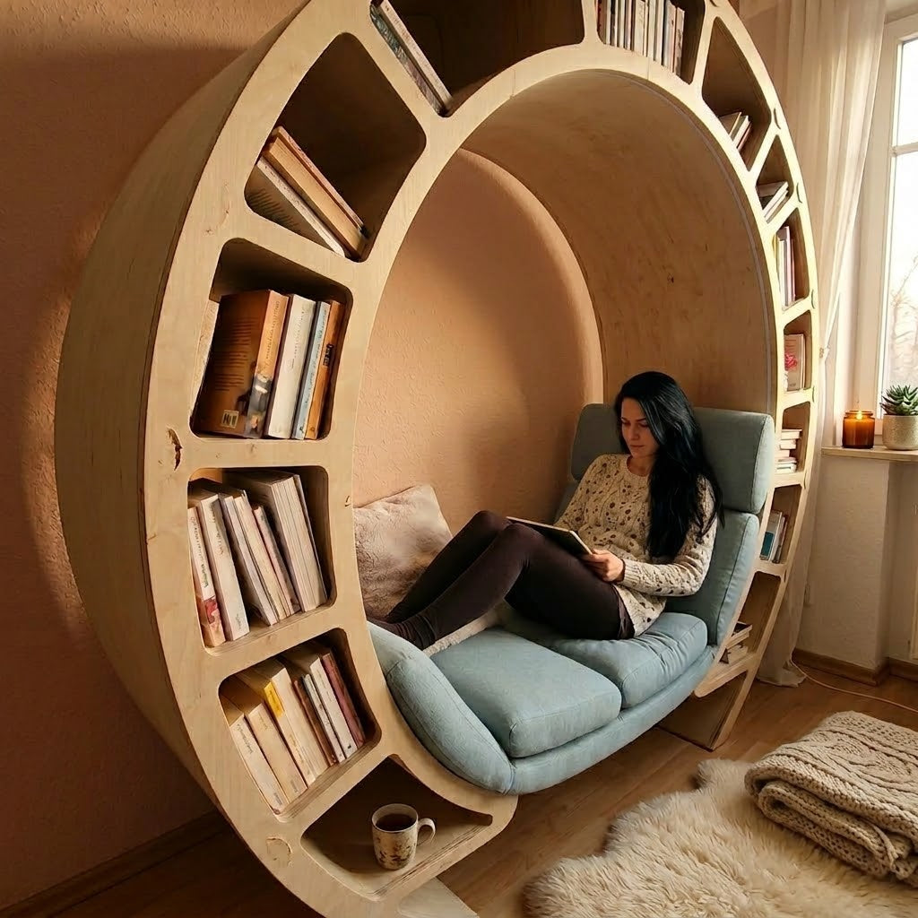 A person relaxing in the cozy Reading Orbit Bookshelf Nook Chair