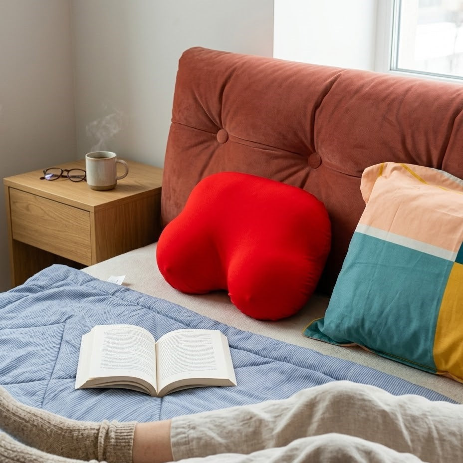 Side profile of the unique pillow showing its supportive shape