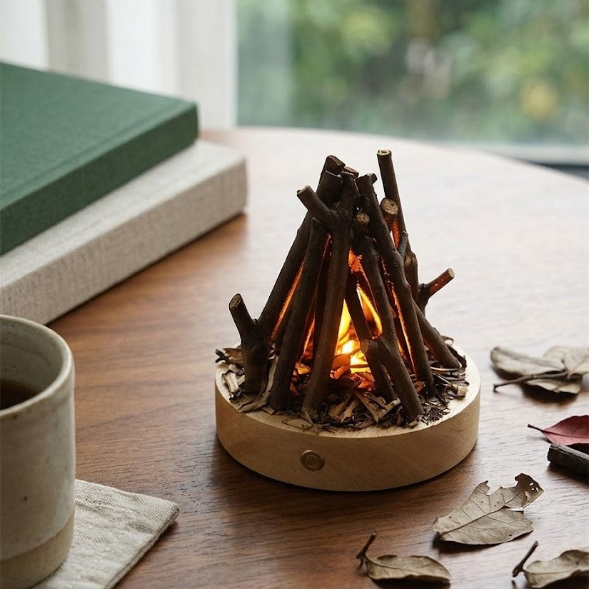 Little Campfire Night Table Lamp creating a cozy atmosphere on a desk