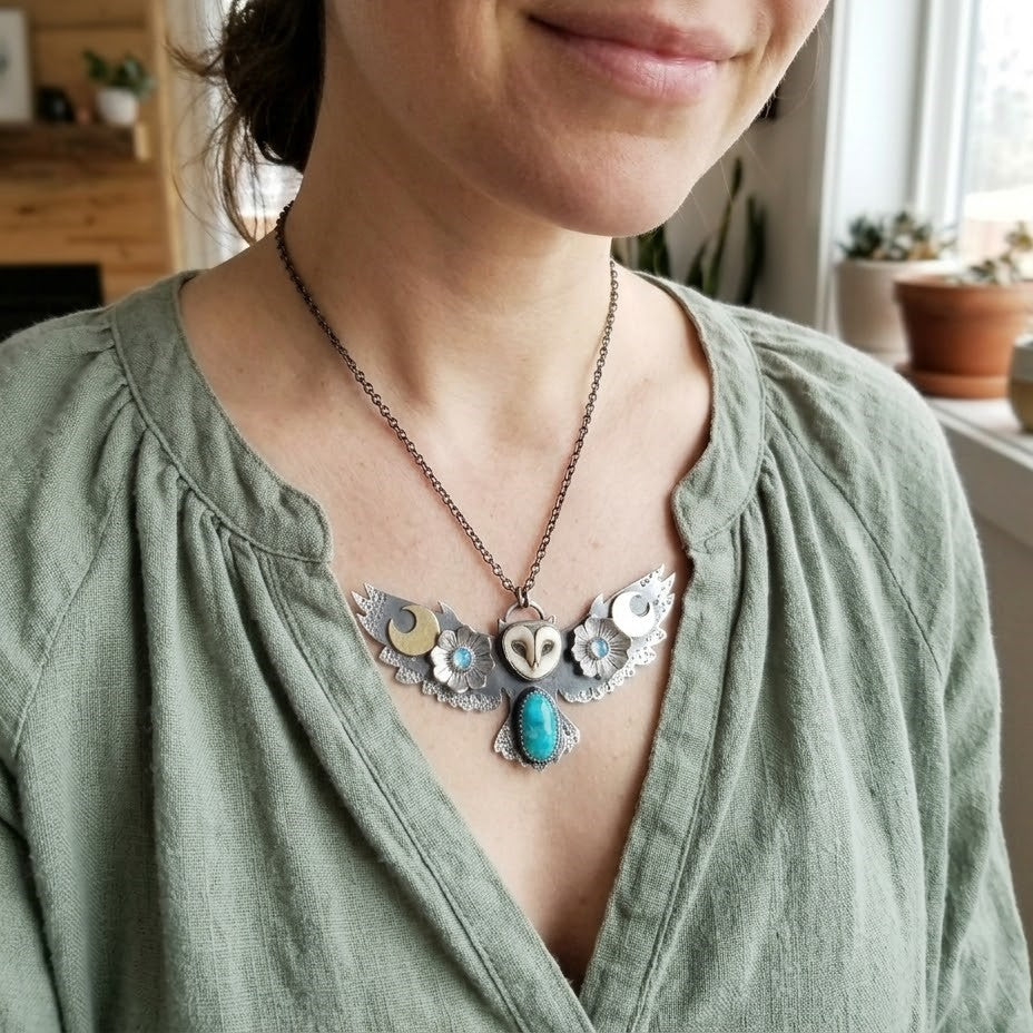 Quiet Watcher Owl Charm Necklace hanging elegantly