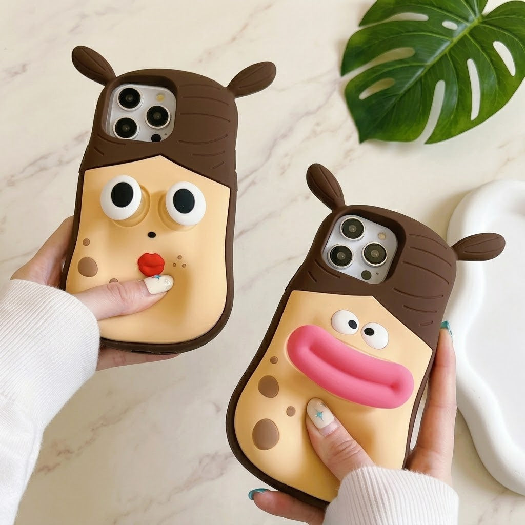 A person squishing the face of the Ugly Buddy iPhone case