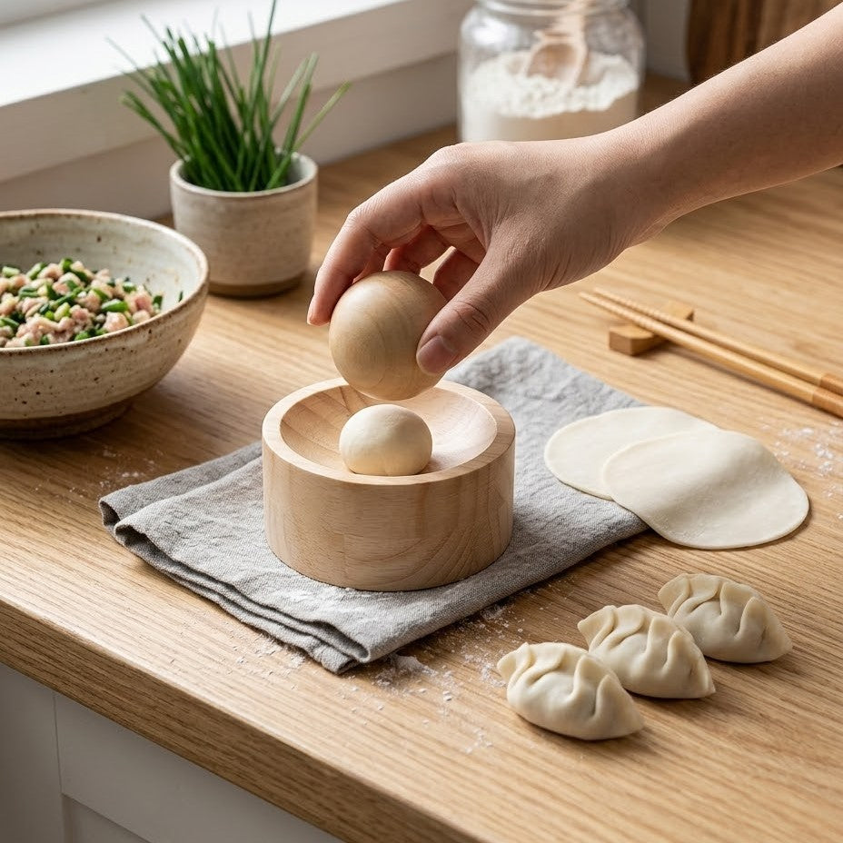 The No Mess Dough Shape Wooden Mold set with base and press ball