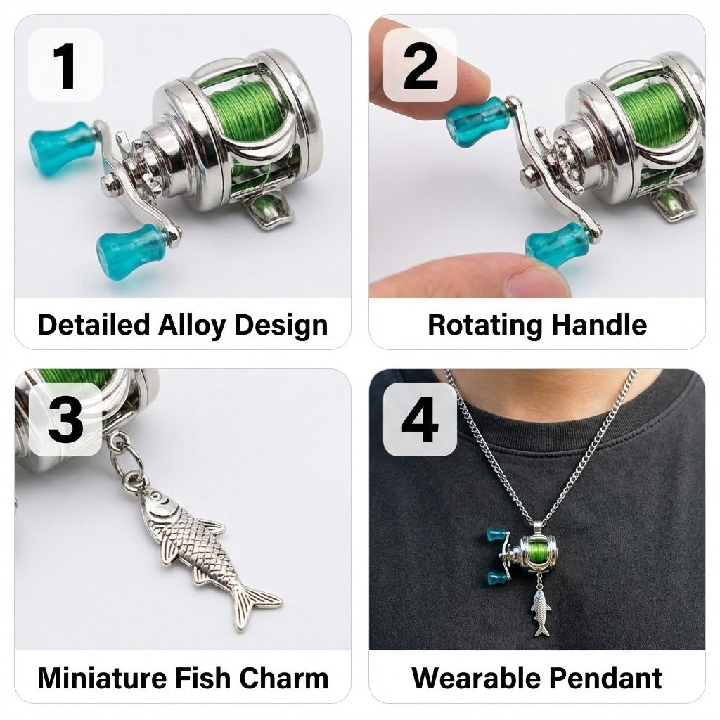 Close-up detail of the mini fishing reel spinner necklace pendant