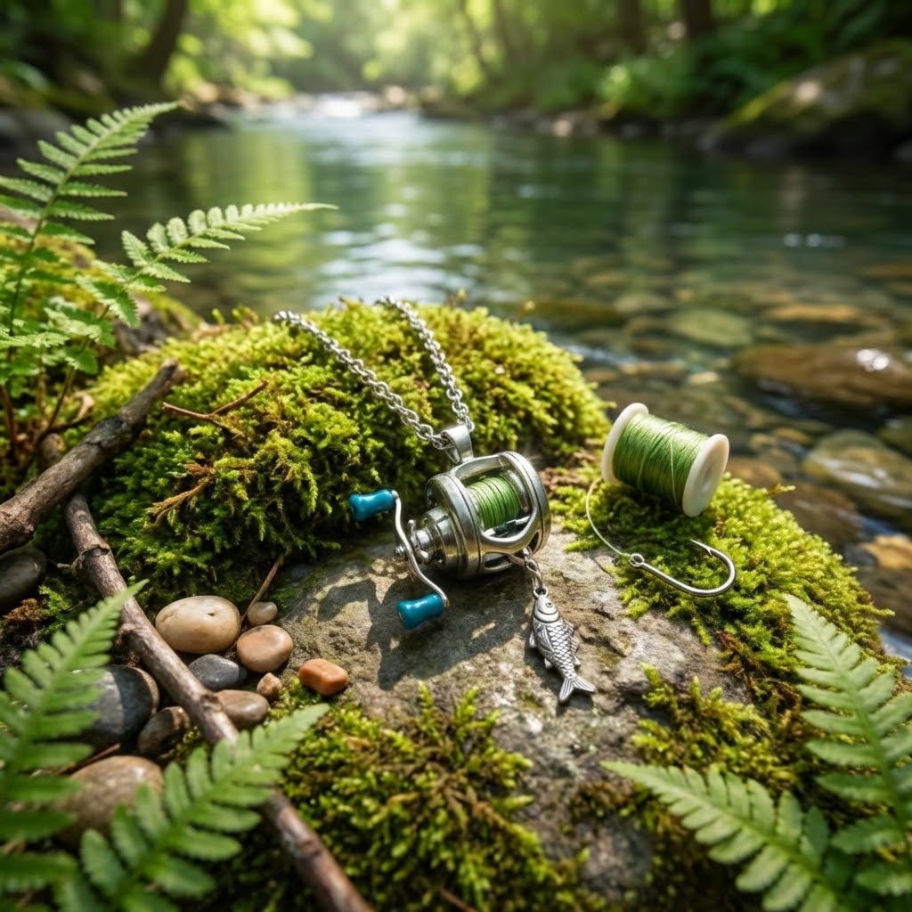 Lifestyle shot of the fishing reel spinner necklace being held