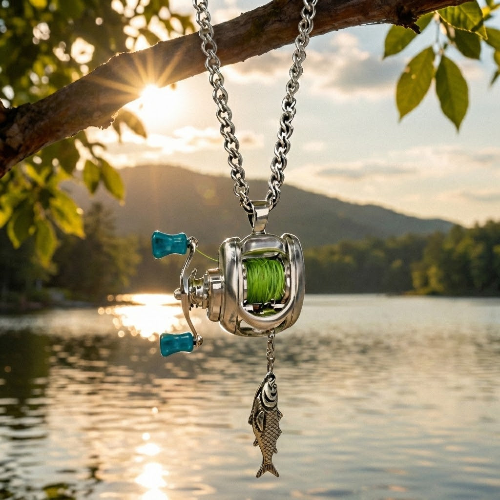Man wearing the unique fishing reel necklace as a lifestyle accessory