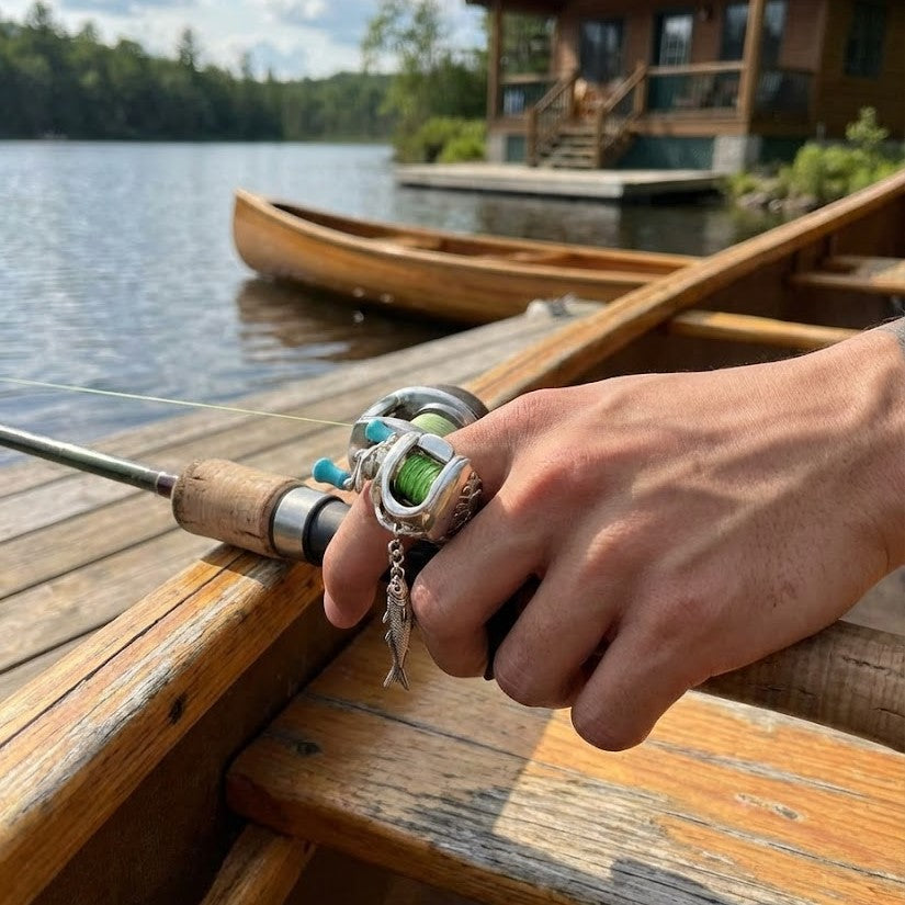 Detailed view of the mini fishing reel necklace against a natural backdrop