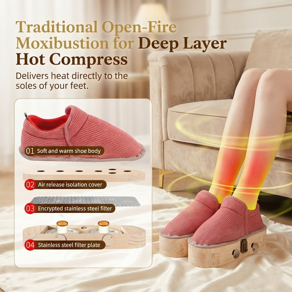 A person relaxing at home wearing the wood moxibustion boots