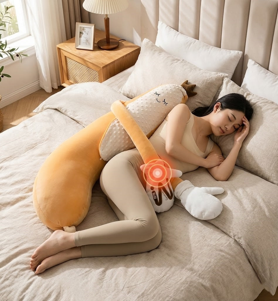 A person cuddling with the Sleep Buddy Relaxer Hugging Pillow in bed
