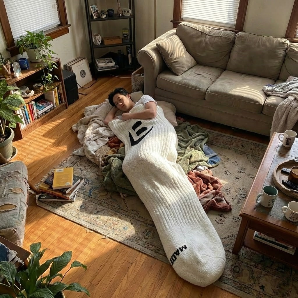 Person comfortably snuggled inside the Giant Sock Cozy Sleeping Blanket Bag on a couch