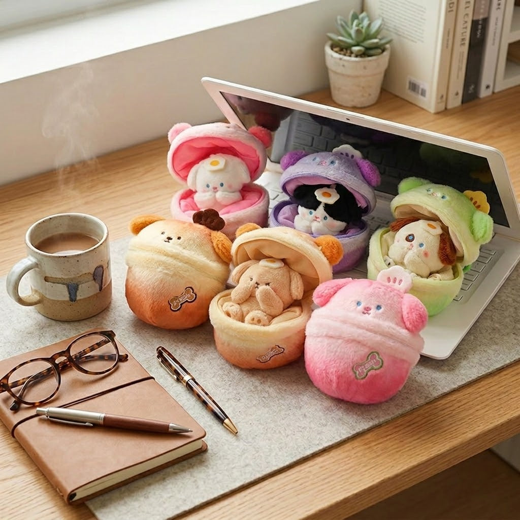 A collection of Surprise Kawaii Animals Plush Keychains in different animal shapes like dinosaurs and bunnies.