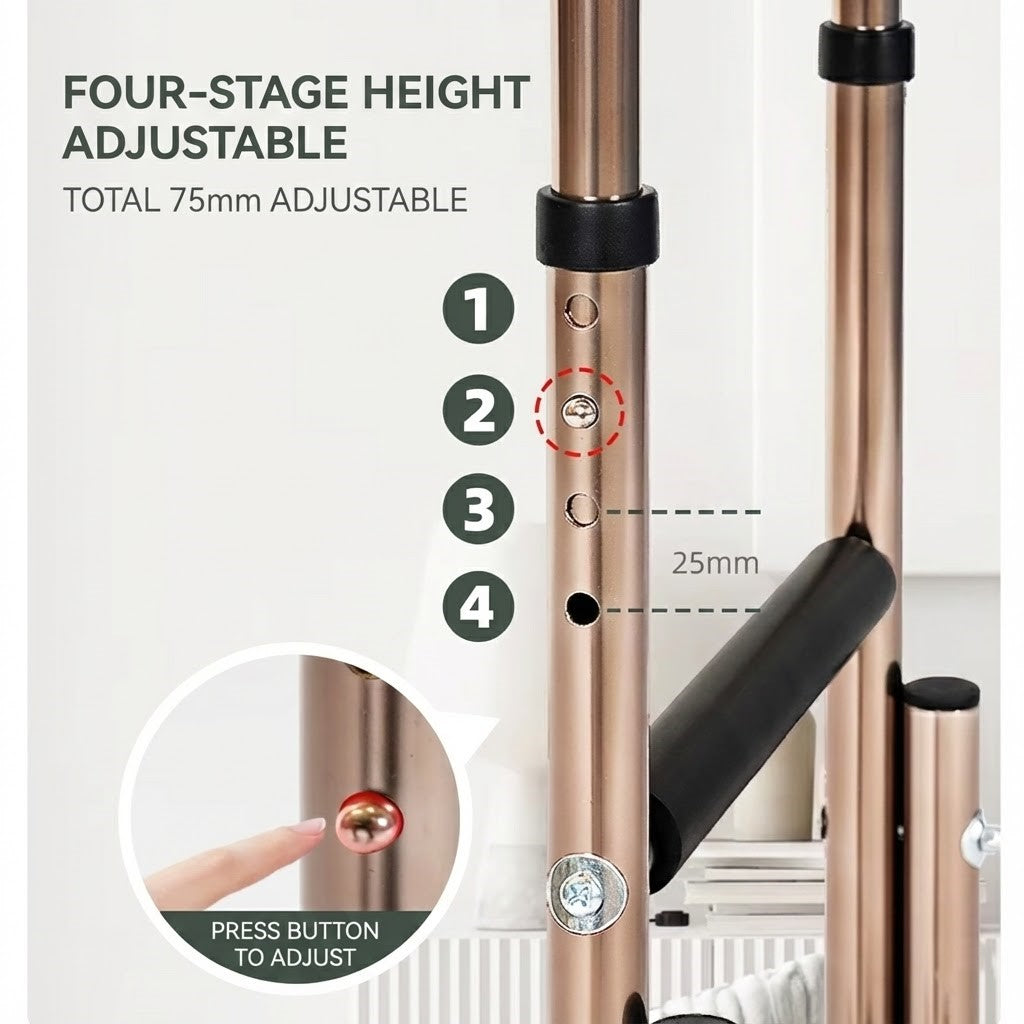 Close-up of the non-slip base and padded handles of the mobility support frame
