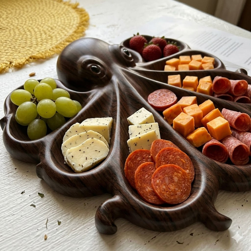 Octopus Shape Wooden Serving Board holding an assortment of snacks