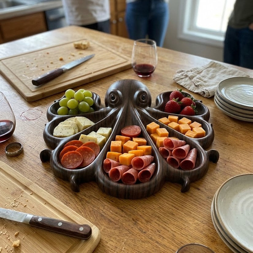 The octopus shape wooden serving board available in different wood finishes