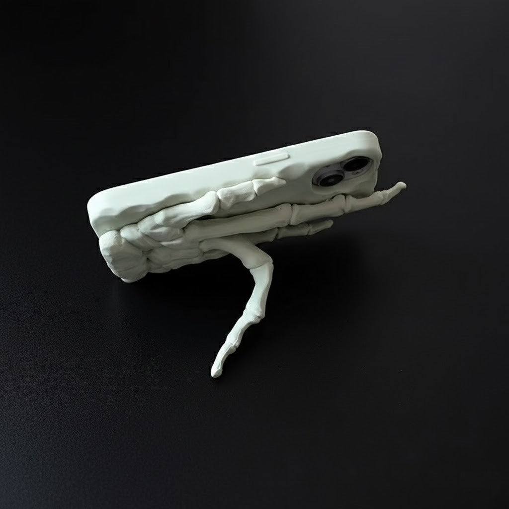 Gothic iPhone case used as a hands-free kickstand