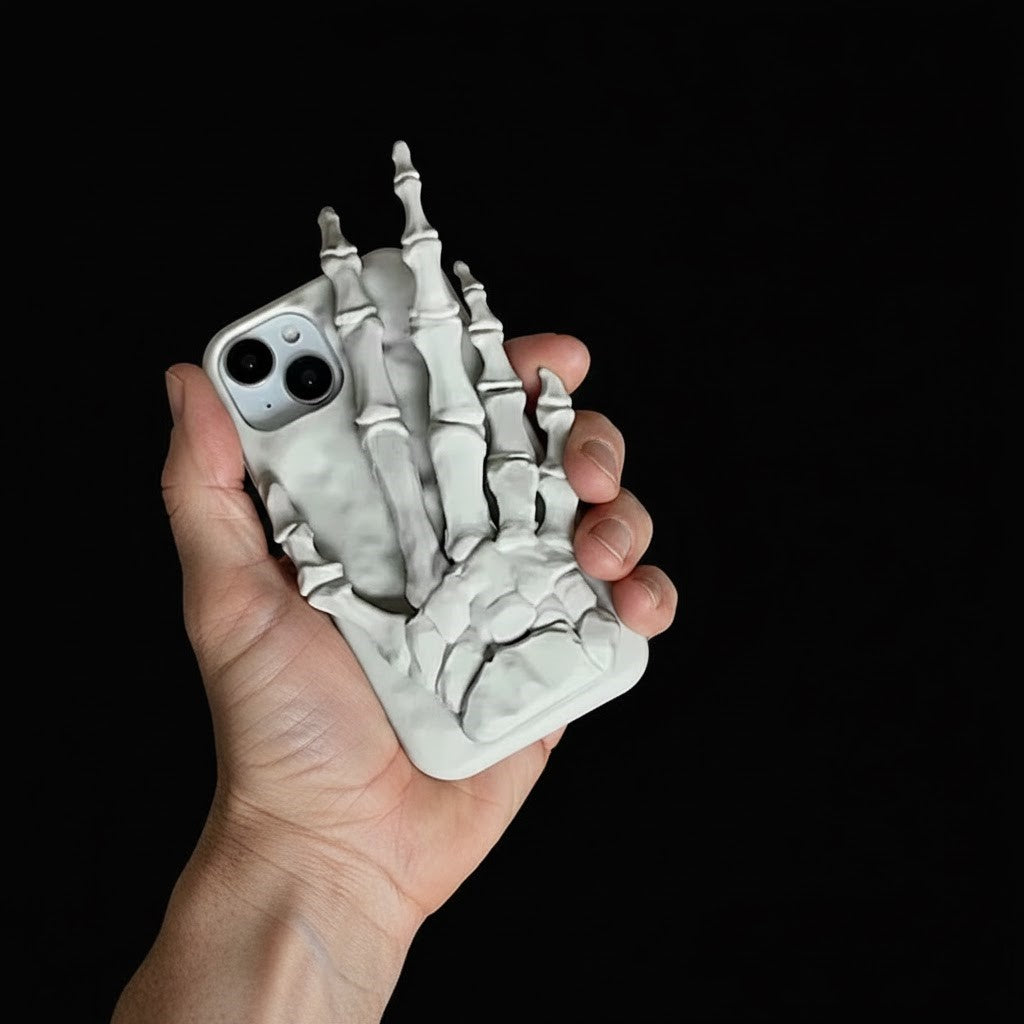 Close up of the 3D skeleton hand grip on the iPhone case