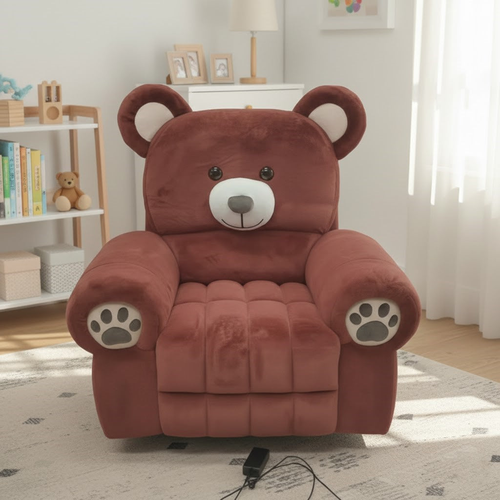Full view of the whimsical bear-shaped recliner chair in a room