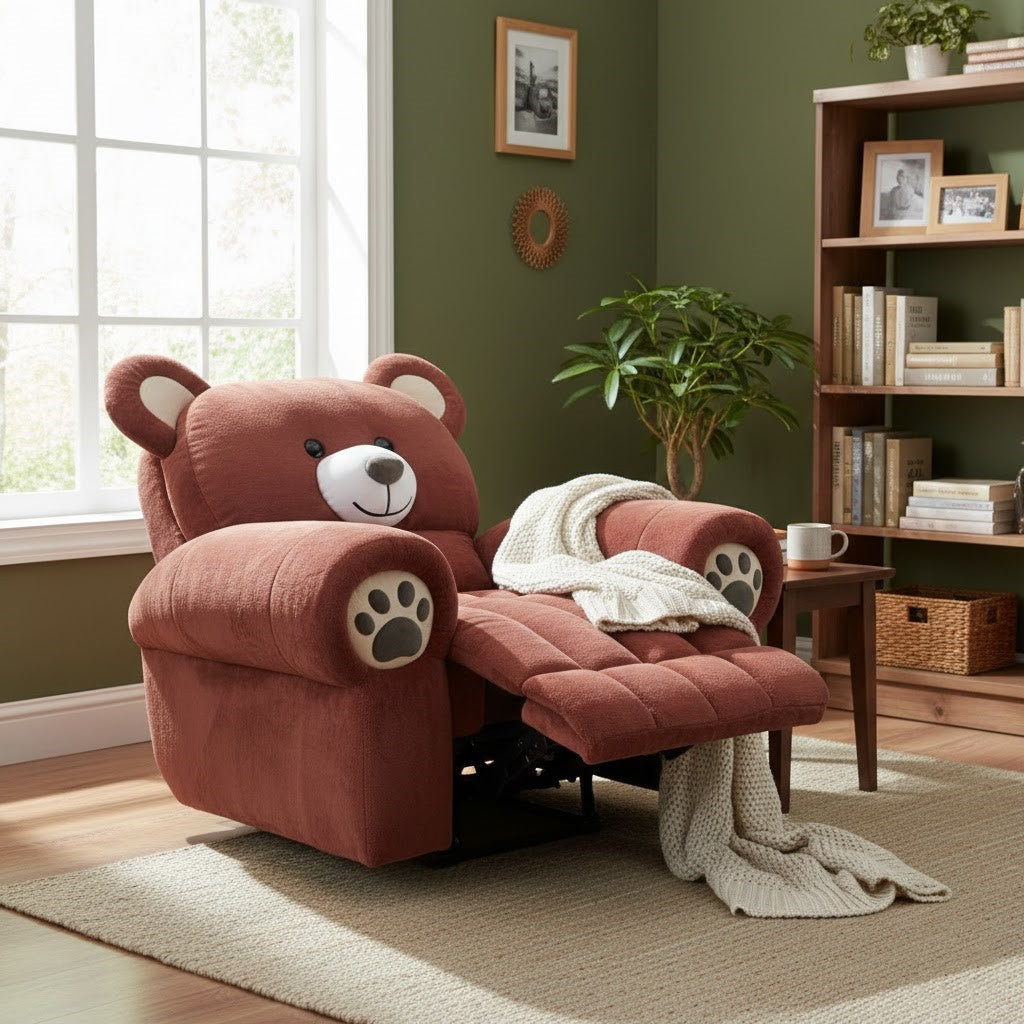 Close-up of the bear recliner's soft plush fabric and paw armrests