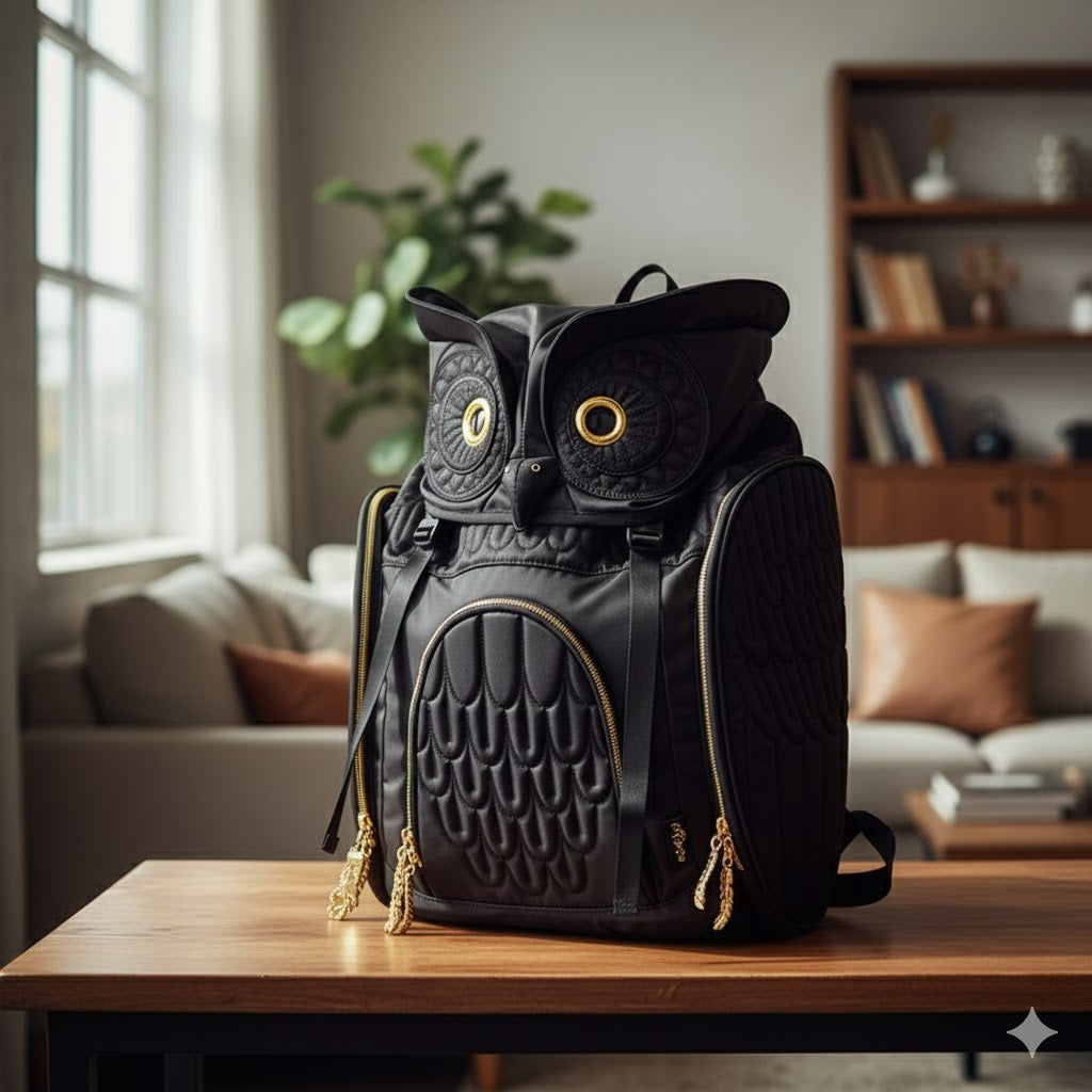 Side view showing the wing pocket on the owl backpack
