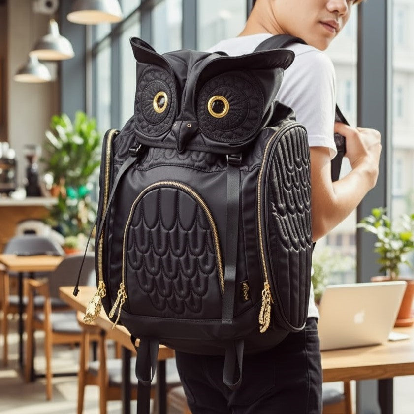 Detail shot of the owl backpack's embroidered features