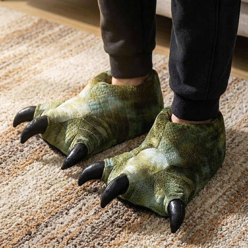 A person wearing the Furry Monster Claw Slippers while relaxing