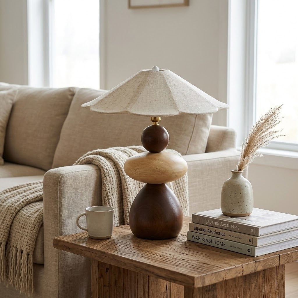 A minimalist living room featuring the Zen Style Wooden Lamp on a side table