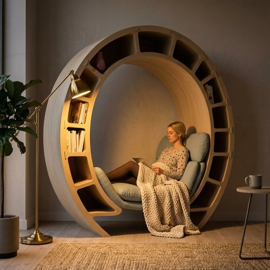 Close-up of the integrated shelving on the unique bookshelf chair