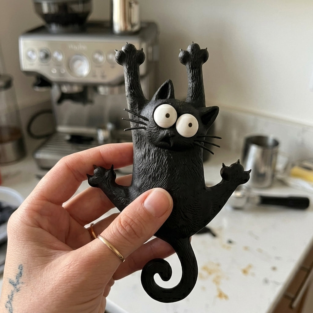 Close-up of the hilarious climbing cat magnet as a unique home decor gift
