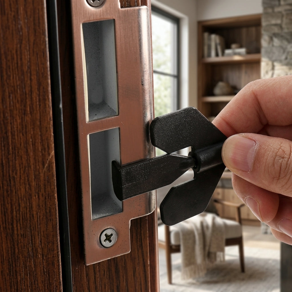 Close-up of the travel security lock mechanism securing a door