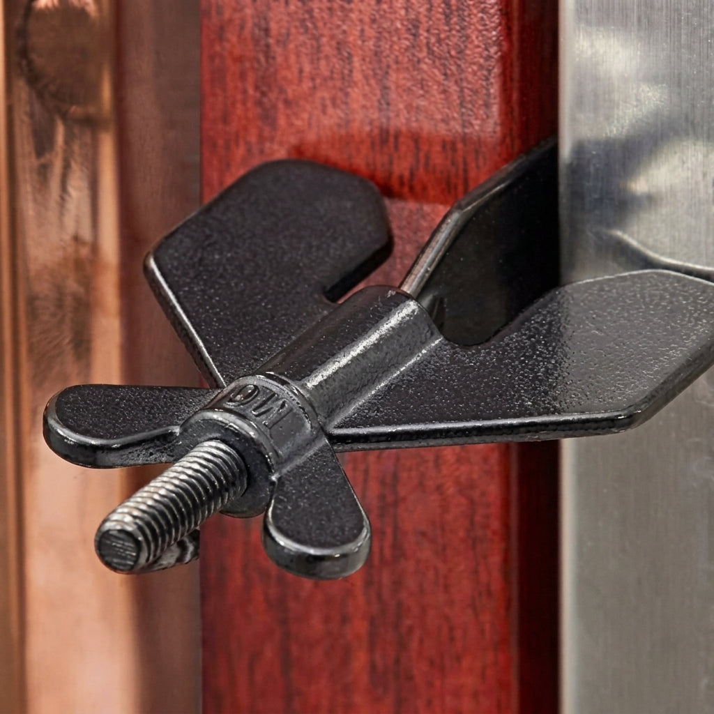 The travel door lock shown in hand to display its compact, portable size
